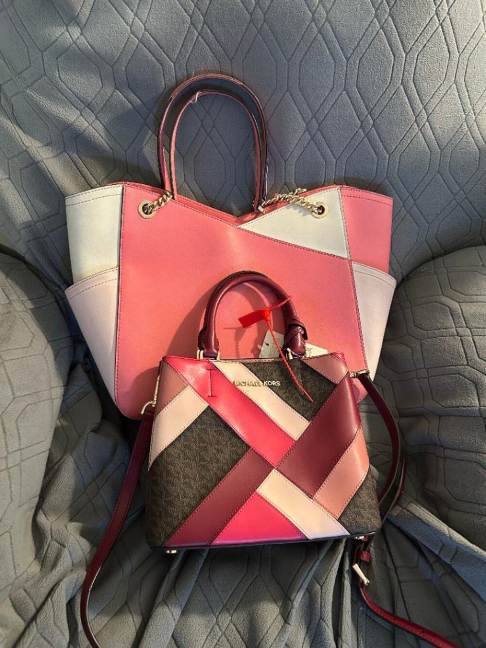 Michael Kors Dusty Rose XL Chain Jet Set Travel Tote & Jesse Leather Purse Lot